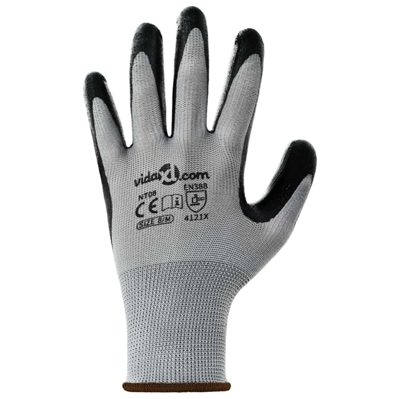 vidaXL Darba cimdi 12 pcs Pelēks un melns 8 - m Poliesters