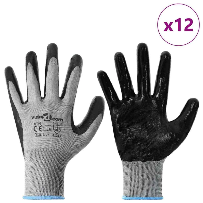 vidaXL Darba cimdi 12 pcs Pelēks un melns 9 - l Poliesters