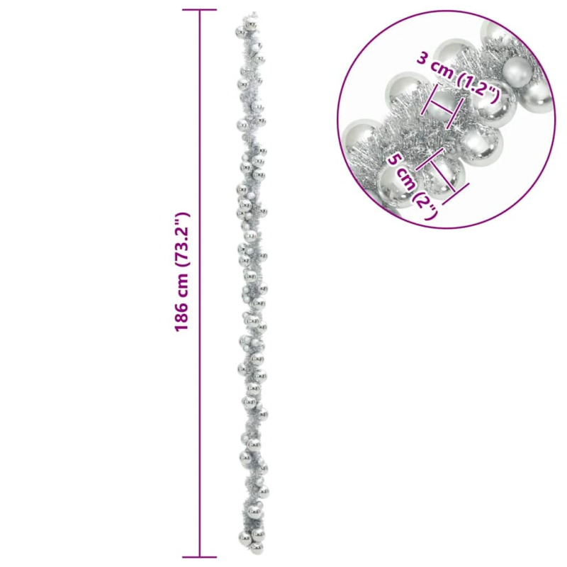 vidaXL Ziemassvētku bumbu virtene Sudraba 186 cm polistirols