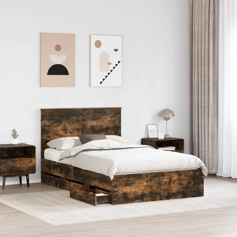 vidaXL Gultas rāmis Dūmaka ozols 120 x 190 cm Inženieru koks