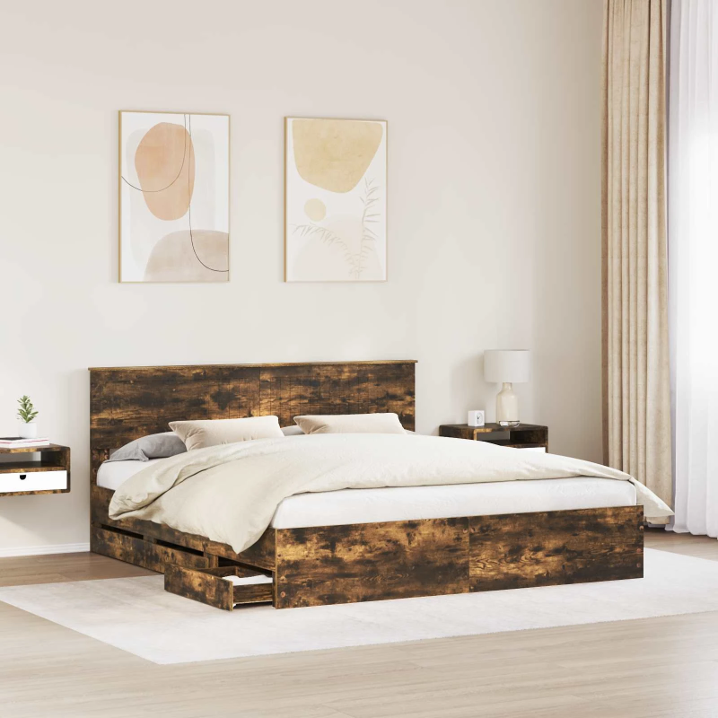 vidaXL Gultas rāmis Dūmaka ozols 180 x 200 cm Inženieru koks