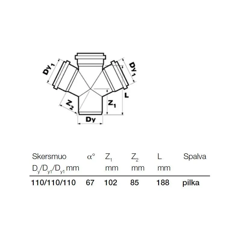 Keturšakis vidaus kanalizacijai Wavin Optima, 110 mm x 110 mm x 110 mm, 67 °
