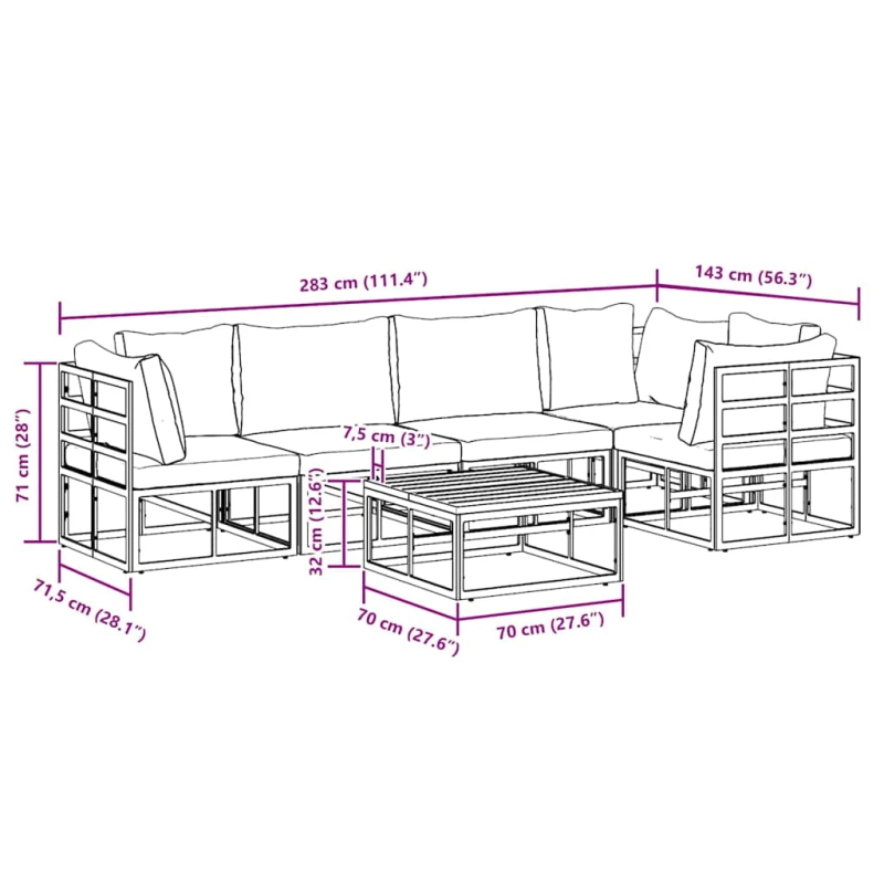 vidaXL Dārza dīvānu komplekts ar spilvenu 6 pcs Melna Alumīnijs