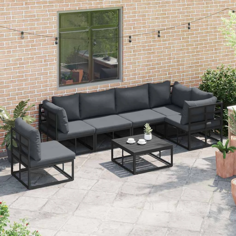 vidaXL Dārza dīvānu komplekts ar spilvenu 7 pcs Melna Alumīnijs