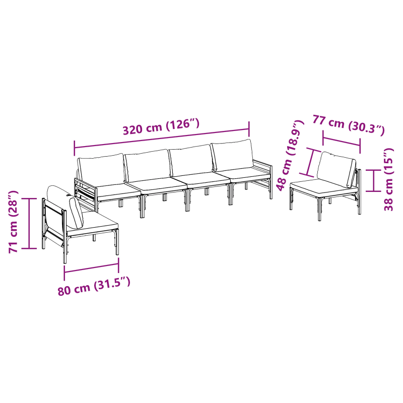 vidaXL Dārza dīvānu komplekts ar spilvenu 6 pcs Melna Tērauds