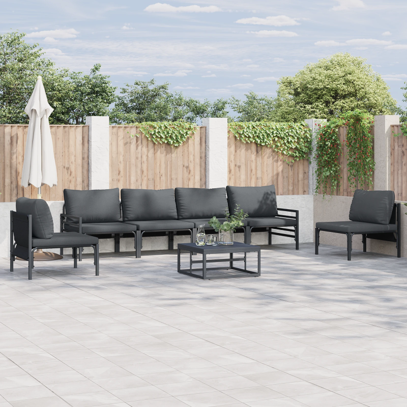 vidaXL Dārza dīvānu komplekts ar spilvenu 7 pcs Melna Tērauds