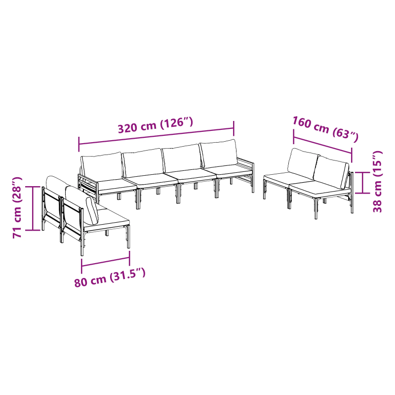 vidaXL Dārza dīvānu komplekts ar spilvenu 8 pcs Melna Tērauds