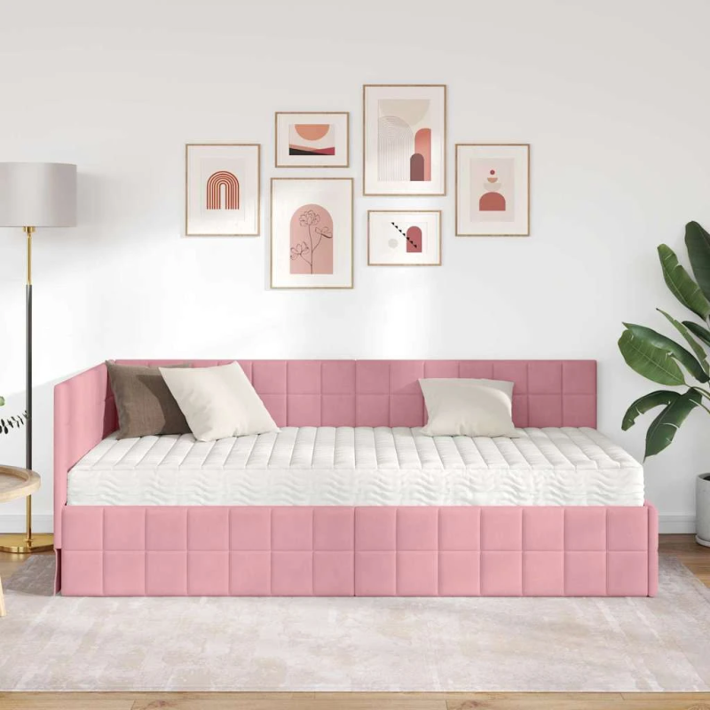 vidaXL Stūra gultas rāmis ar matrači 2 pcs Pelēka Samts