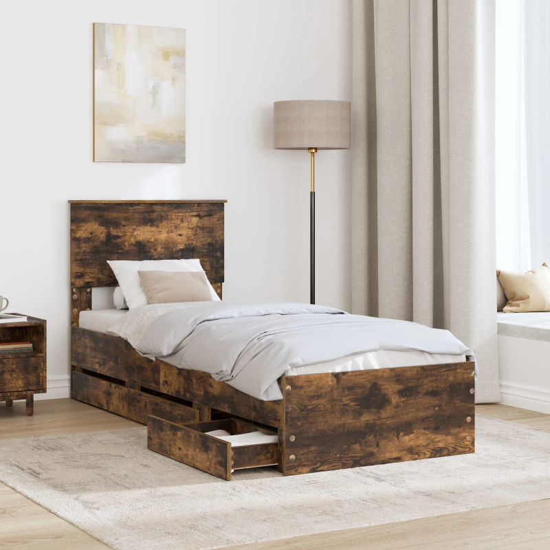 vidaXL Gultas rāmis Dūmaka ozols 75 x 190 cm Inženieru koks