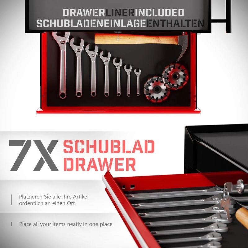 Nocenota prece - Darbnīcas instrumentu ratiņi +7 atvilktnes, sarkani/melni-