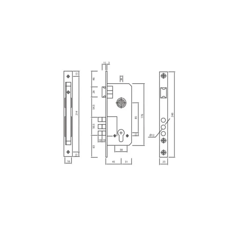 Įleidžiamoji spyna 10152-3MR, dengtas žalvariu, 85 mm-45 mm