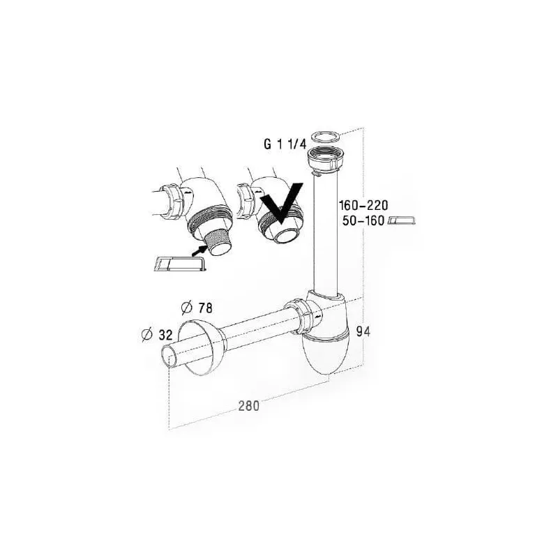 Sifons izlietnei Nicoll C2923, 222 mm, 32 mm, balta krās.