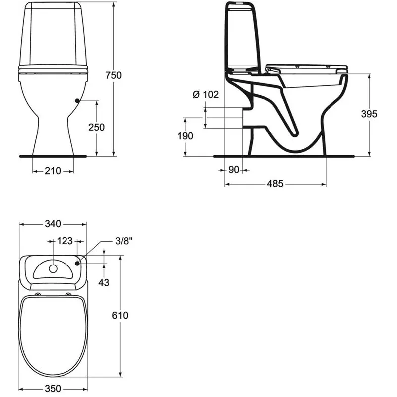 Tualete, novietojams Vidima Korona W908001, ar vāku, 350 mm x 610 mm