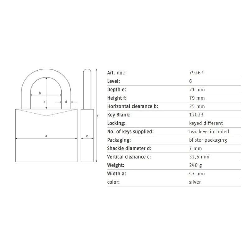 Slēdzene Abus 79267. sudraba. 79 mm x 47 mm