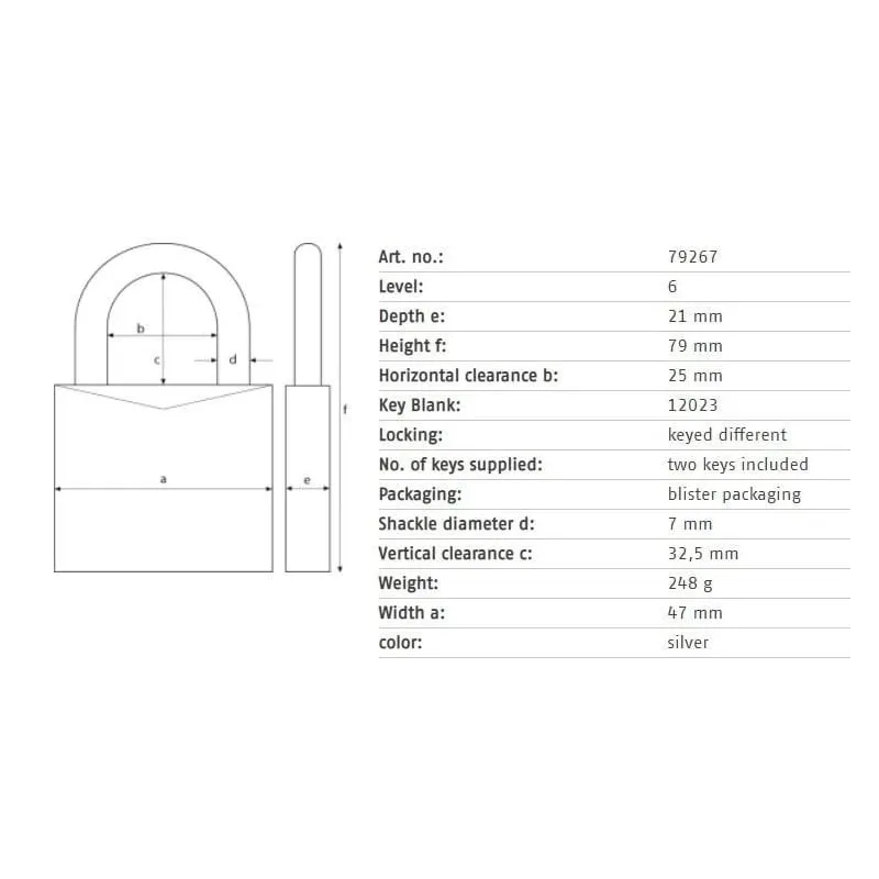 Slēdzene Abus 79267, sudraba krās., 79 mm x 47 mm