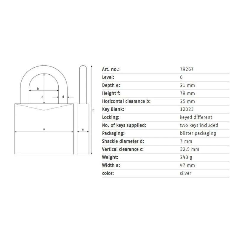 Slēdzene Abus 79267. sudraba. 79 mm x 47 mm