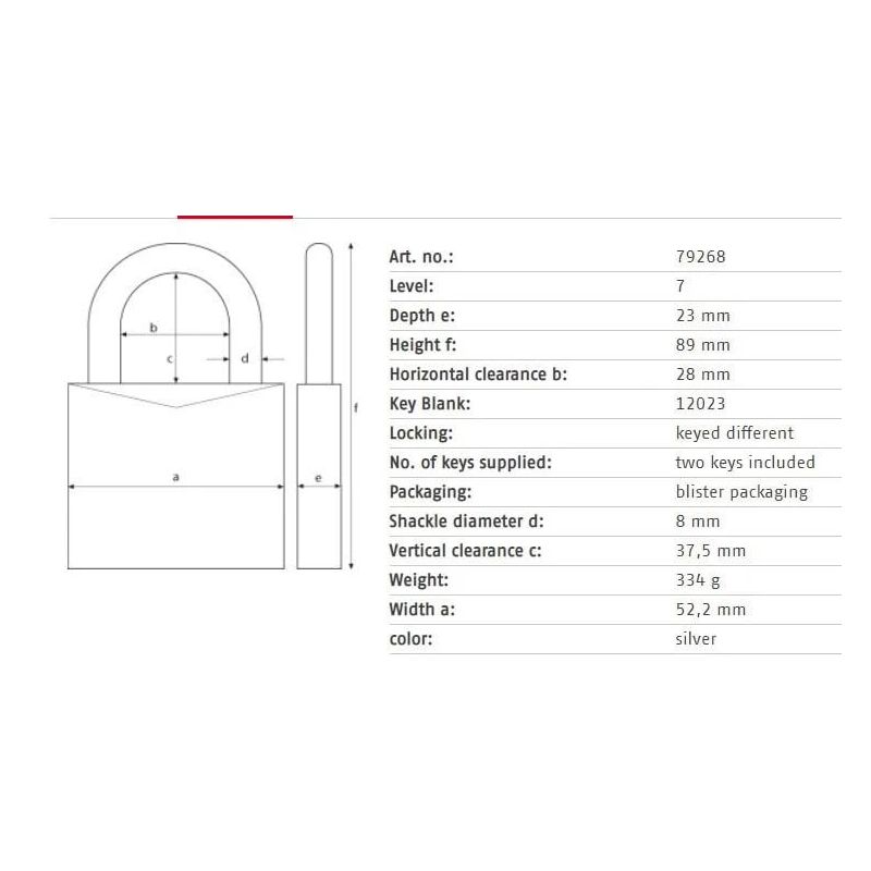 Slēdzene Abus 79268. sudraba. 89 mm x 52 mm