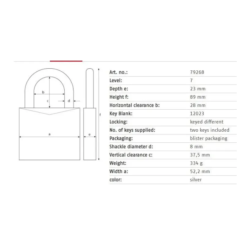 Slēdzene Abus 79268, sudraba krās., 89 mm x 52 mm