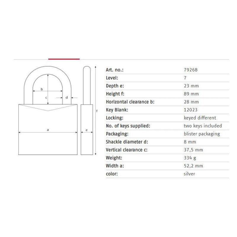 Slēdzene Abus 79268. sudraba. 89 mm x 52 mm