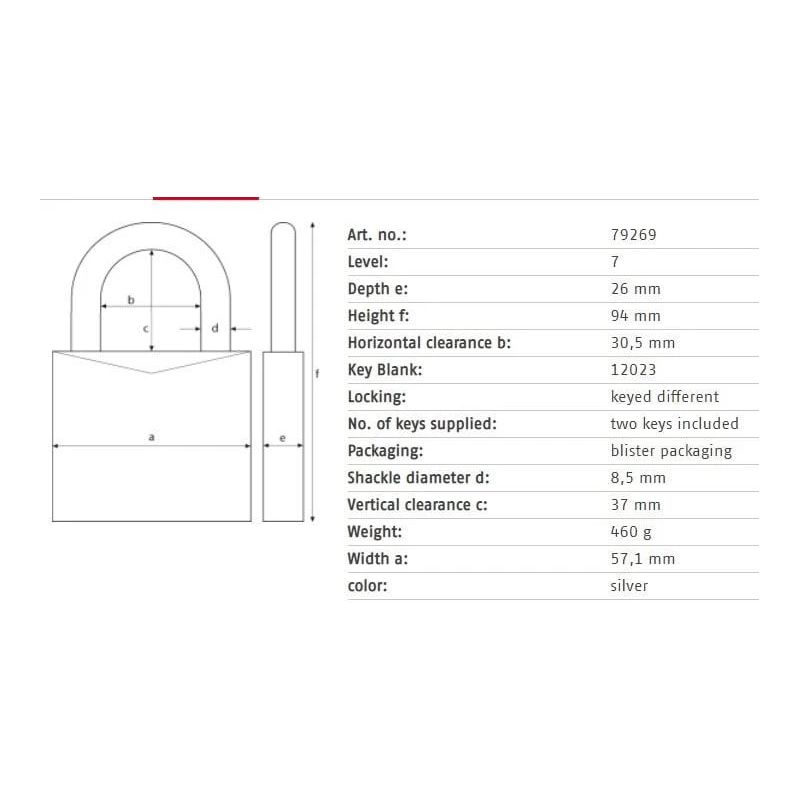 Slēdzene Abus 79269. sudraba. 94 mm x 57 mm