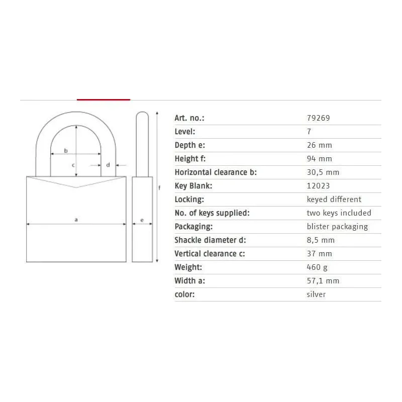 Slēdzene Abus 79269, sudraba krās., 94 mm x 57 mm
