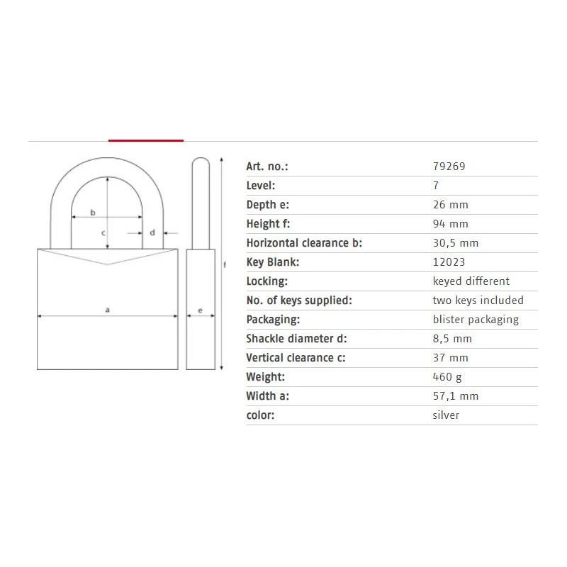 Slēdzene Abus 79269. sudraba. 94 mm x 57 mm