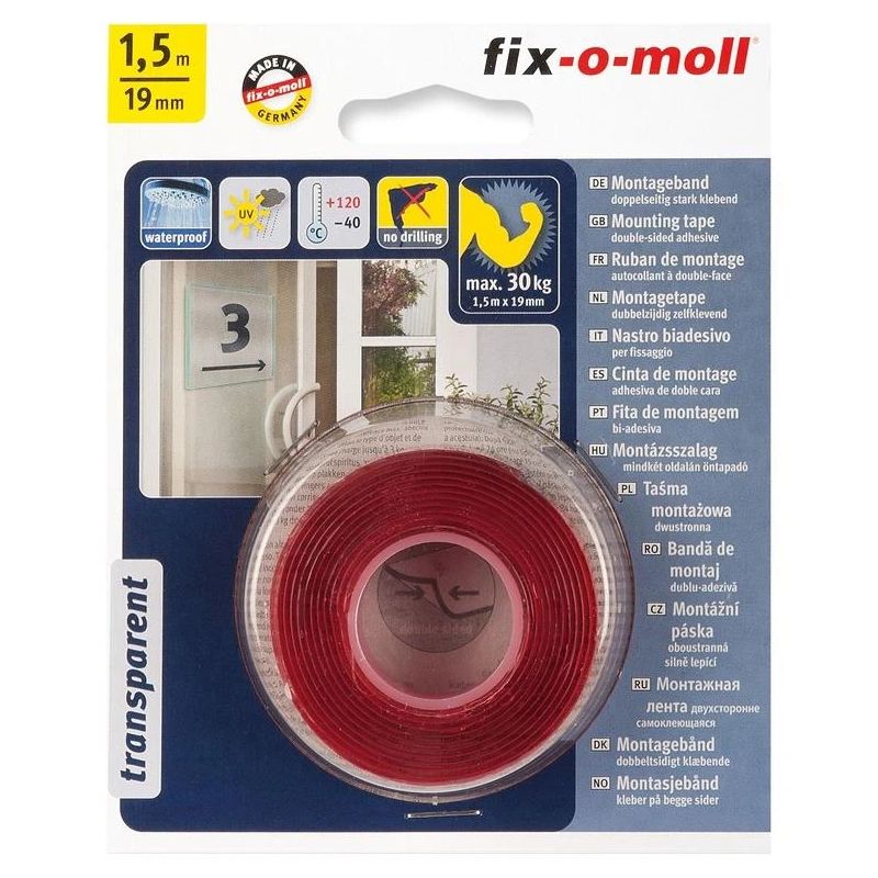 Divpusējā līmlente Fix-O-Moll. 1.5 m x 19 mm. 30 kg