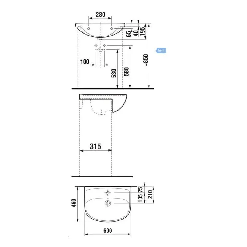 Vannas istabas izlietne Jika Lyra Plus, keramika, 60 cm x 46 cm x 19.5 cm, balta krās.