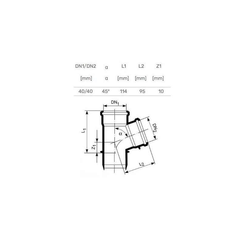 Kanalizācijas caurules trejgabals Magnaplast D40mm. 45°. PP