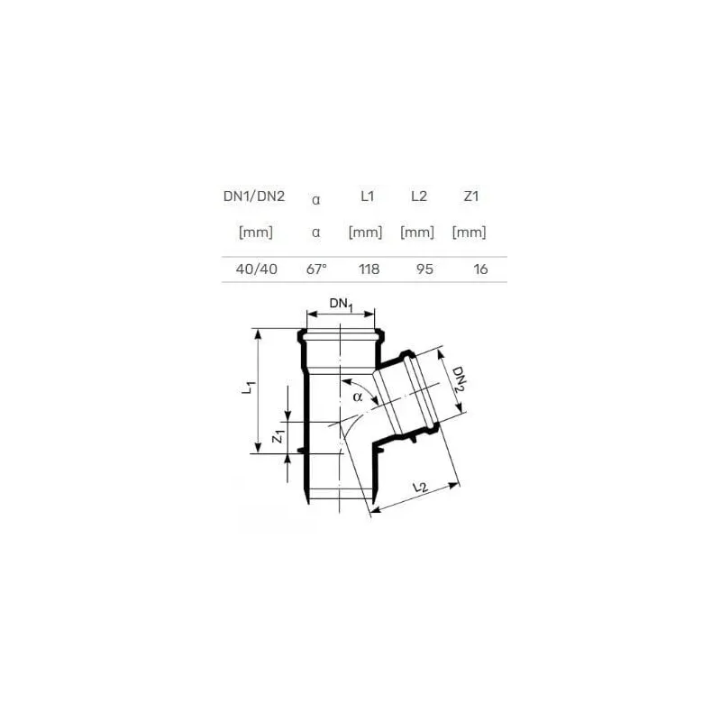 Trejgabals iekštelpu kanalizācijai Magnaplast HTplus, 40 mm x 40 mm, 67 °