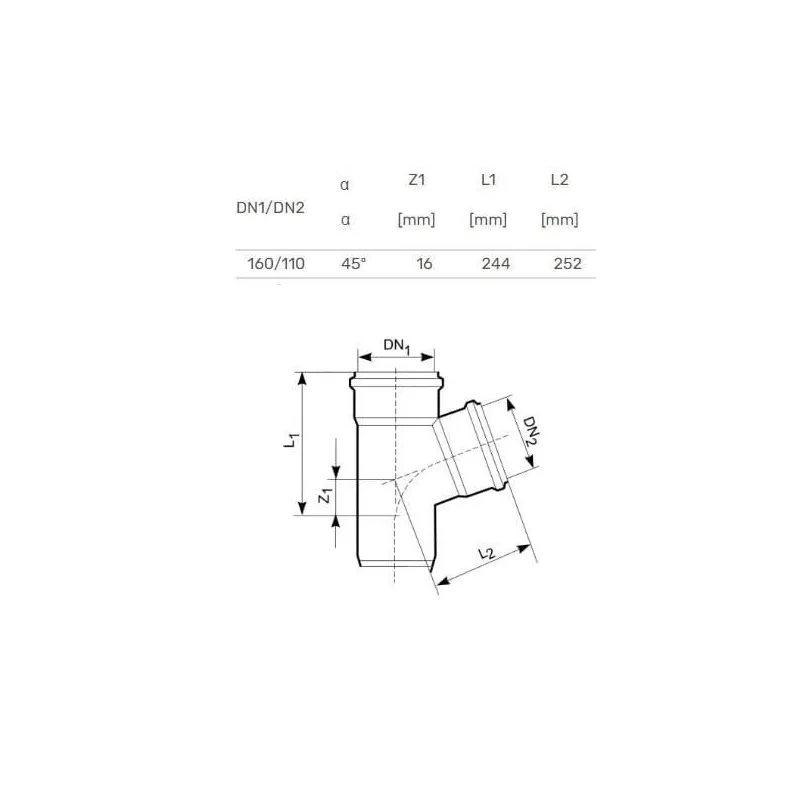 Trejgabals āra kanalizācijai Magnaplast, 110 mm x 160 mm, 45 °