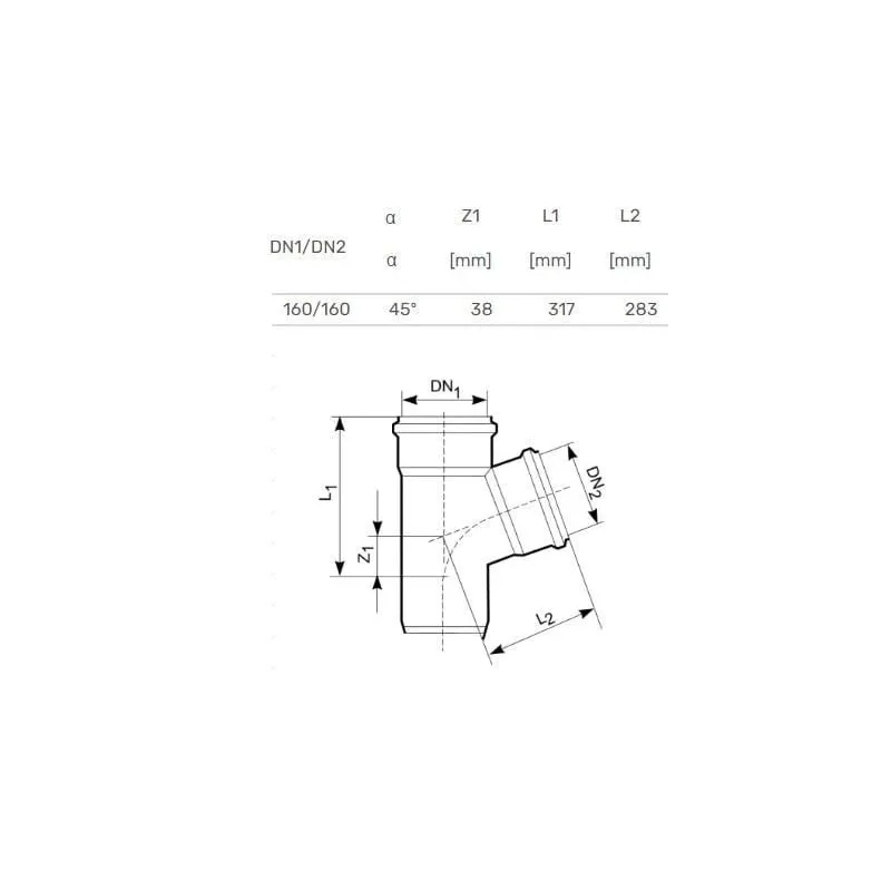 Trejgabals āra kanalizācijai Magnaplast, 160 mm x 160 mm, 45 °
