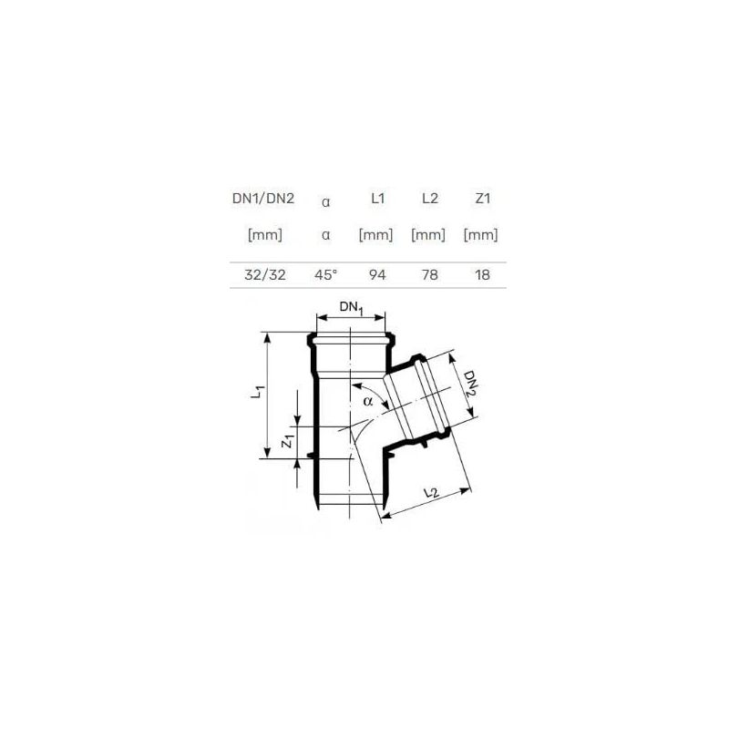 Trejgabals PP Magnaplast. DIA32mm-DIA32mm 45°