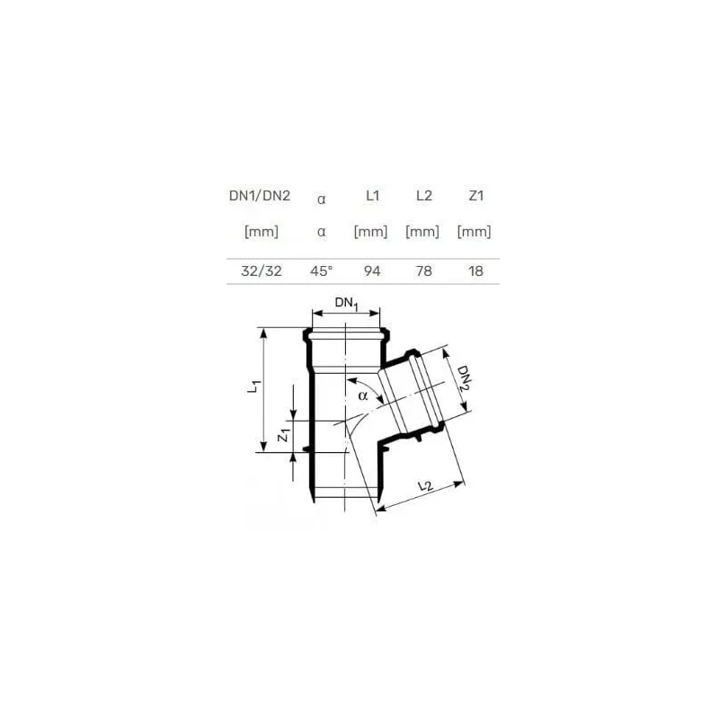 Trejgabals iekštelpu kanalizācijai Magnaplast HTplus, 32 mm x 32 mm, 45 °