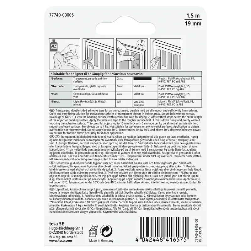 Dvipusė lipni juosta Tesa, 150 cm x 1.9 cm, skaidri sp.