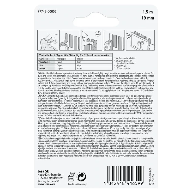 Dvipusė lipni juosta Tesa, 150 cm x 1.9 cm, balta sp.