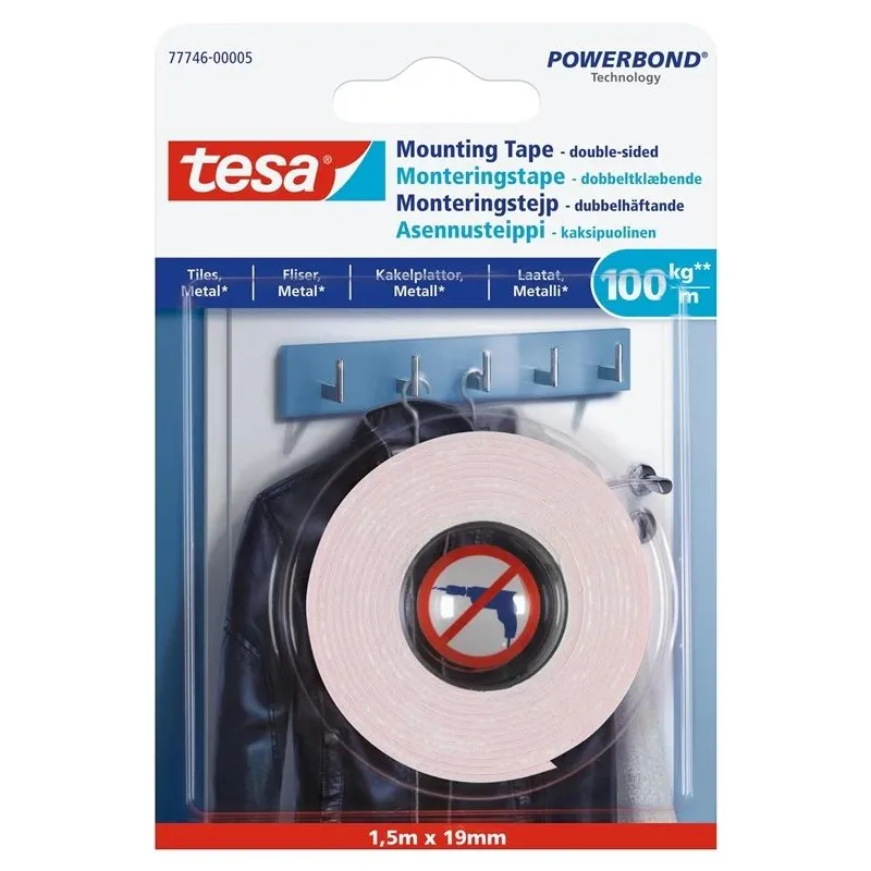 Divpusēja līmlente Tesa, 150 cm x 1.9 cm, balta