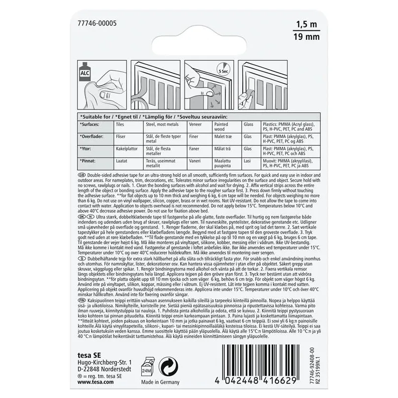 Divpusēja līmlente Tesa, 150 cm x 1.9 cm, balta