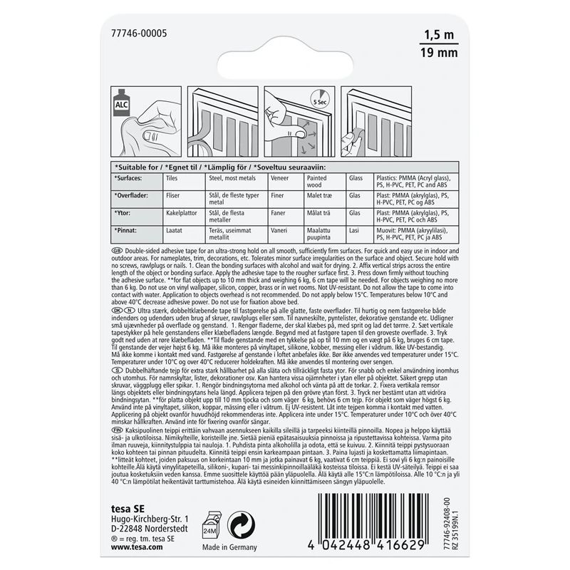 Divpusēja līmlente Tesa tesa, balta