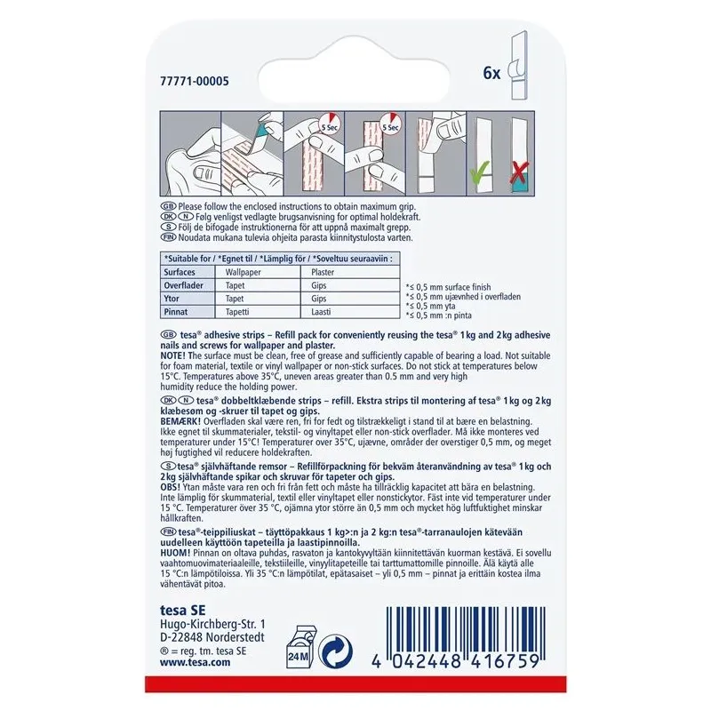 Divpusēja līmlente Tesa Powerstrips, 6 gab., balta