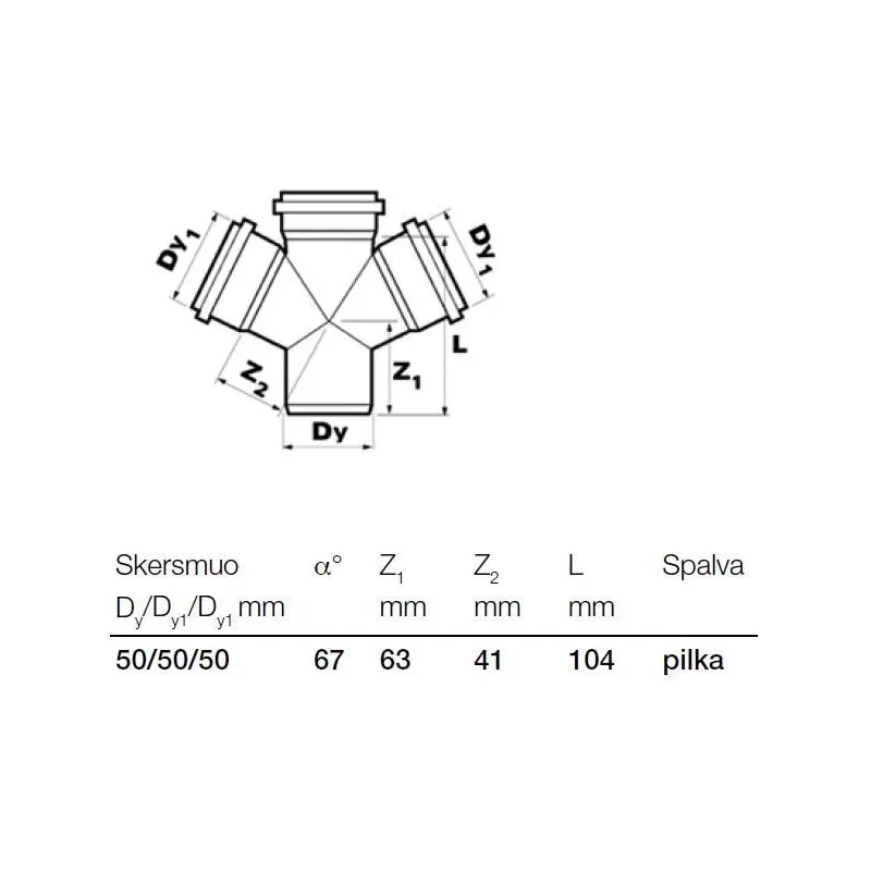 Ar četriem zariem iekštelpu kanalizācijai Wavin Optima, 50 mm x 50 mm x 50 mm, 67 °
