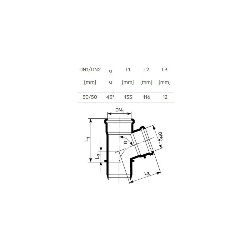 Trejgabals iekštelpu kanalizācijas sistēmai ar zemu trokšņu līmeni Magnaplast Ultra dB, 50 mm x 50 mm, 45 °