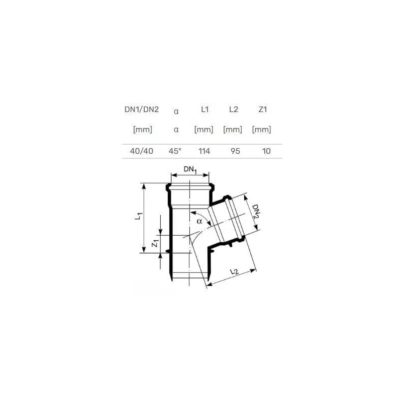 Trejgabals iekštelpu kanalizācijai Magnaplast HTplus, 40 mm x 40 mm, 45 °