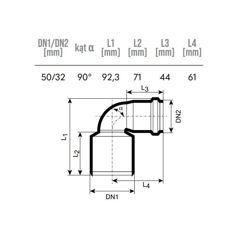 Iekšējās kanalizācijas redukcijas līkums HTplus, DIA32-50 mm, balts