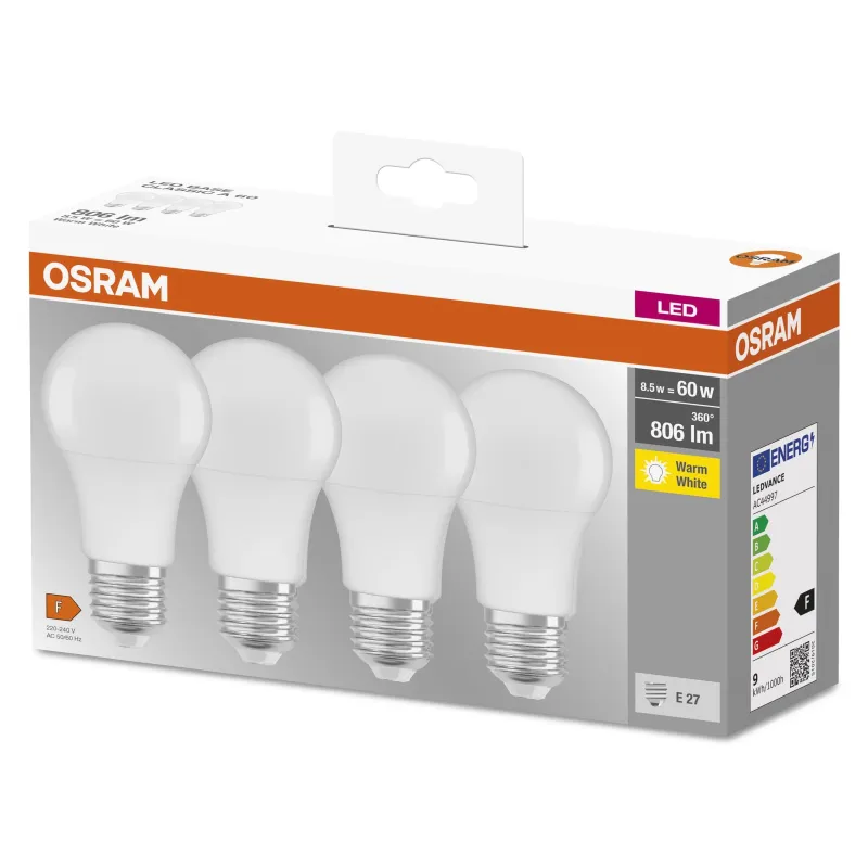Spuldze Osram LED, A60, 2700 °K, E27, 8.5 W, 806 lm, 4 gab.