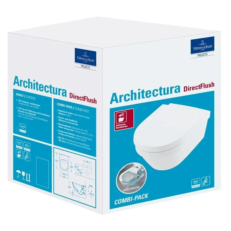 Unitazas, pakabinamas Villeroy & Boch Architectura 4694HR01, su dangčiu, 530 mm x 370 mm