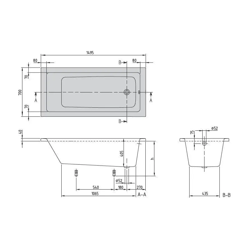 Vanna, iebūvējams Villeroy & Boch Targa, 150 cm x 70 cm x 40.5 cm, taisnstūris, balta krās.