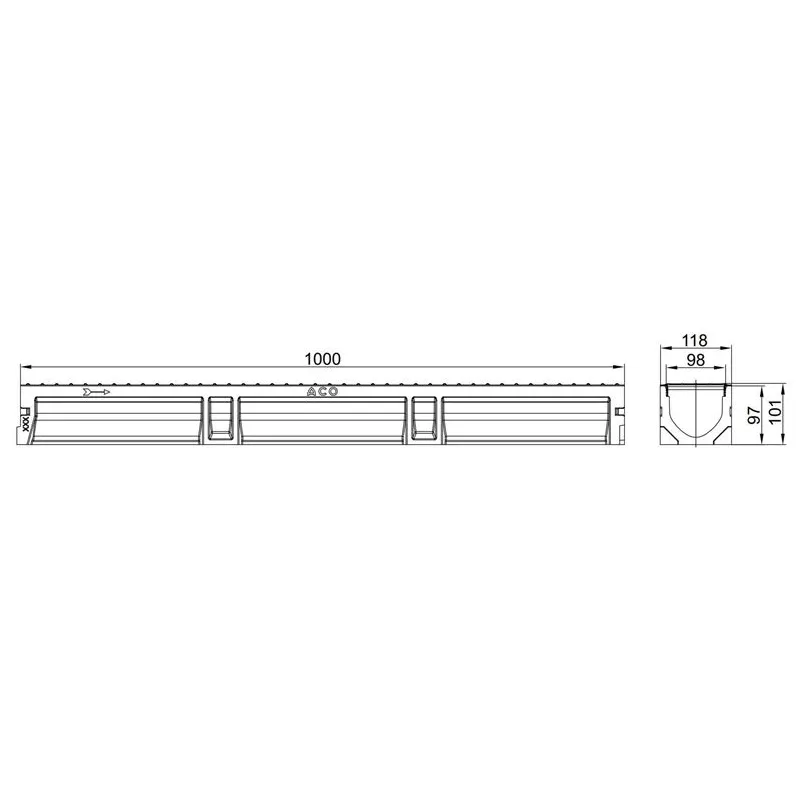 Drenažo latakas su grotelėmis Euroline 2.0 Aco, A15, 100 cm x 11.8 cm x 10 cm