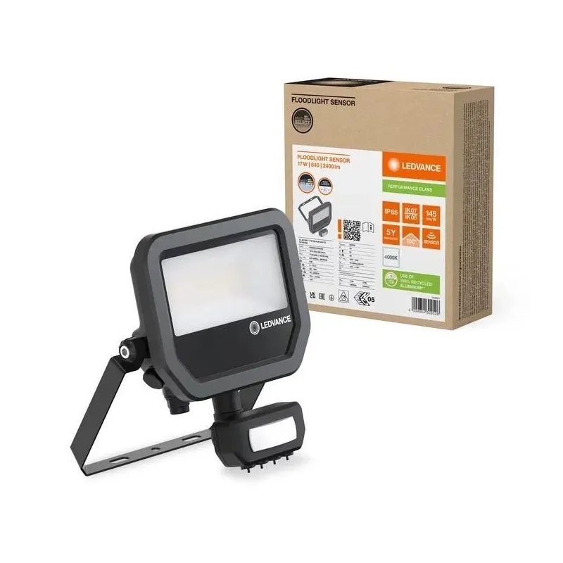 Prožektors ar kustības sensoru Ledvance, 1600 - 2400 lm, 4000 °K, IP65, melna