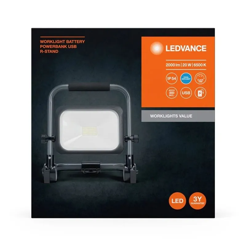 Prožektors Ledvance-Osram Worklight Value Battery, 20 W, 2000 lm, 6500 °K, IP54, melna